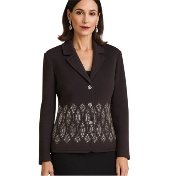 St John Evening Black Beaded Blazer Jacket Size 12 Vintage Santana Knit - Picture 3 of 10